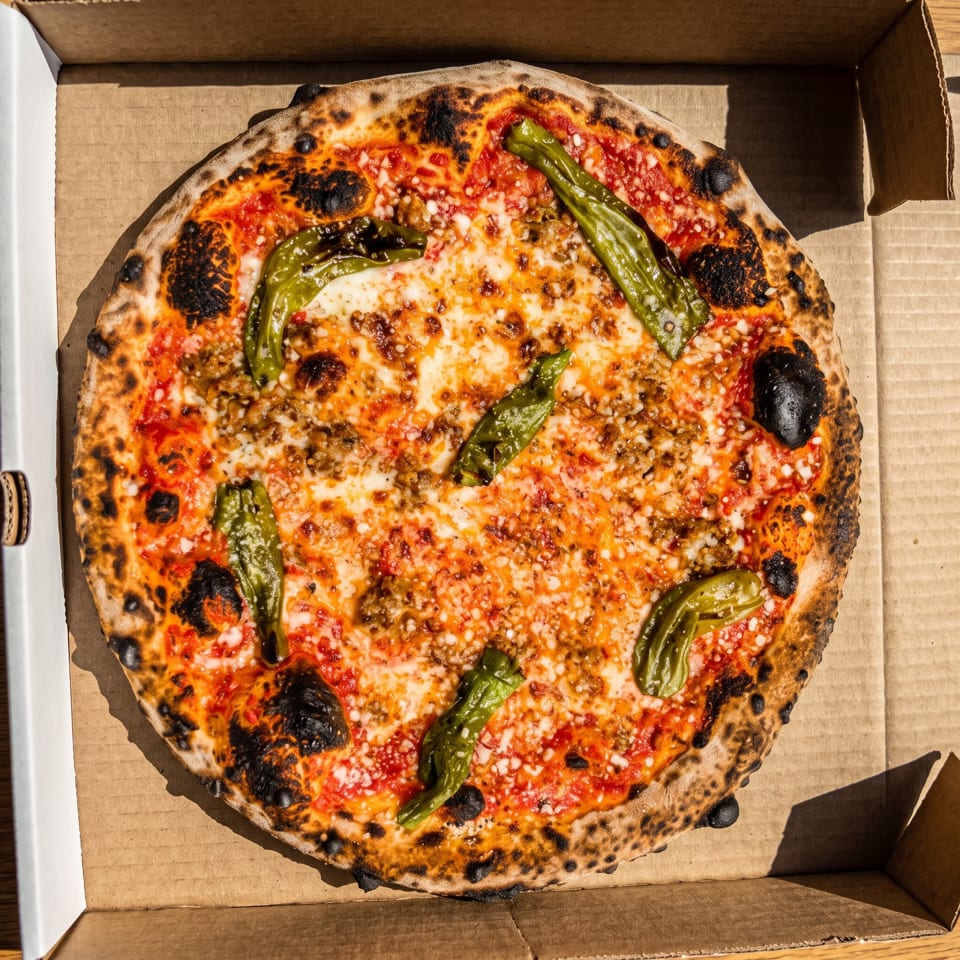 Neapolitan-style pizza with charred crust, tomato sauce, melted cheese, and green peppers in a cardboard box.