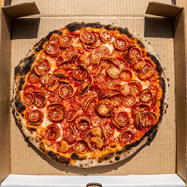 Large pepperoni pizza with charred crust, melted cheese, and grated cheese in an open cardboard box.