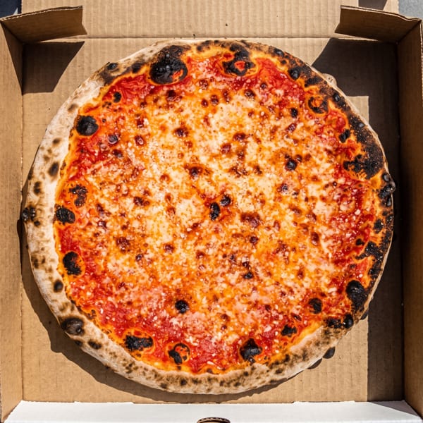 Whole Neapolitan-style cheese pizza with charred crust in an open cardboard delivery box.