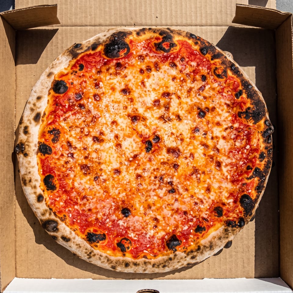 Whole Neapolitan-style cheese pizza with charred crust in an open cardboard delivery box.
